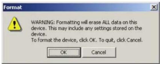 Same as description 627: Format warning dialog box with text: 'WARNING: Formatting will erase ALL data on this device. This may include any settings stored on the device. To format the device, click OK. To quit, click Cancel.' Buttons: 'OK' and 'Cancel'.