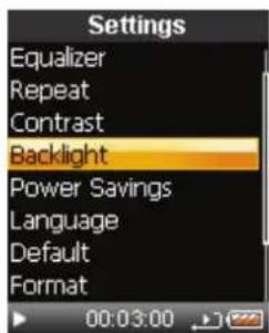 Settings: Equalizer, Repeat, Contrast, Backlight, Power Savings, Language, Default, Format