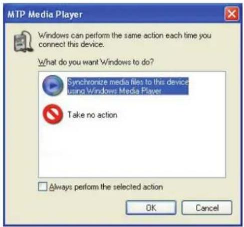 MTP Media Player Windows can perform the same action each time you connect this device. What do you want Windows to do? Synchronize media files to this device using Windows Media Player Take no action Always perform the selected action OK Cancel