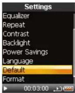 Settings: Equalizer, Repeat, Contrast, Backlight, Power Savings, Language, Default, Format