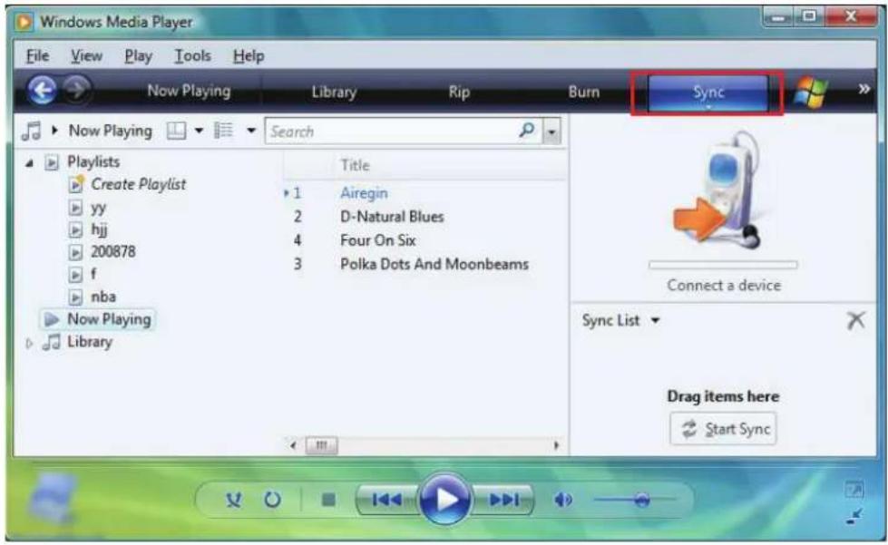 Windows Media Player File View Play Tools Help Now Playing Library Rip Burn Sync Now Playing Search Playlists Create Playlist yy hjj 200878 f nba Now Playing Library Title 1 Airegin 2 D-Natural Blues 4 Four On Six 3 Polka Dots And Moonbeams Connect a device Sync List Drag items here Start Sync