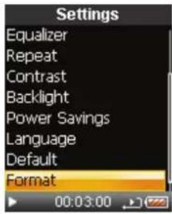 Settings Equalizer Repeat Contrast Backlight Power Savings Language Default Format