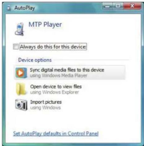 AutoPlay MTP Player Always do this for this device: Device options Sync digital media files to this device using Windows Media Player Open device to view files using Windows Explorer Import pictures using Windows Set AutoPlay defaults in Control Panel