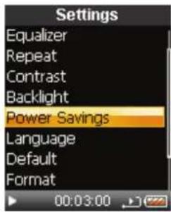 Settings: Equalizer, Repeat, Contrast, Backlight, Power Savings, Language, Default, Format