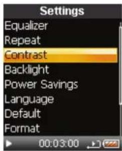Settings: Equalizer, Repeat, Contrast, Backlight, Power Savings, Language, Default, Format