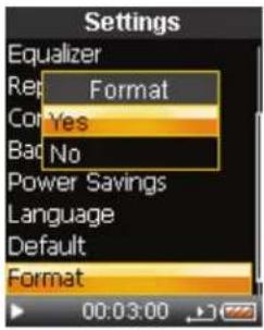 Settings Equalizer Repeat Format Continue: Yes Back: No Power Savings Language Default Format
