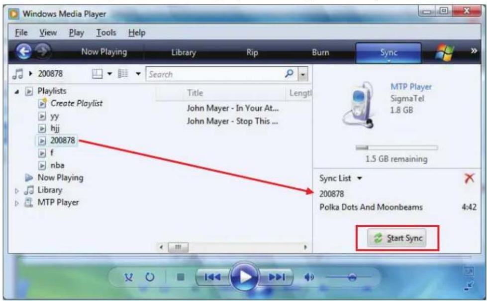 Windows Media Player window with menu bar (File, View, Play, Tools, Help) and toolbar (Now Playing, Library, Rip, Burn, Sync). Left pane shows Playlists with 'Create Playlist' and items 'yy', 'hjj', '200878', 'f', 'nba'. Center shows 'Now Playing' and 'Library' sections. Right pane shows 'MTP Player…