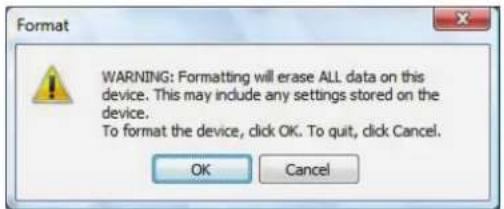 Same as description 627: Format warning dialog box with text: 'WARNING: Formatting will erase ALL data on this device. This may include any settings stored on the device. To format the device, click OK. To quit, click Cancel.' Buttons: 'OK' and 'Cancel'.