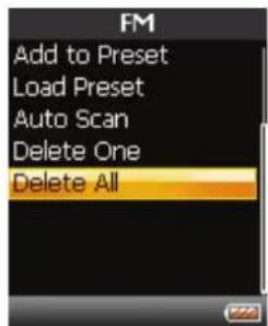 FM Add to Preset Load Preset Auto Scan Delete One Delete All