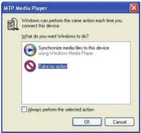 MTP Media Player Windows can perform the same action each time you connect this device. What do you want Windows to do? Synchronize media files to this device using Windows Media Player Take no action Always perform the selected action OK Cancel