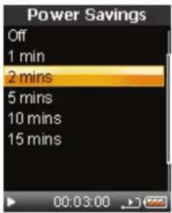 Power Savings: Off, 1 min, 2 mins, 5 mins, 10 mins, 15 mins
