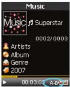 Music player interface showing 'Music Superstar' with track '0002/0003'. Categories: Artists, Album, Genre. Year: 2007. Time: '00:03:00'. Text 'A-B1-21' visible.
