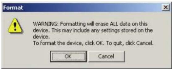 Format warning dialog box with text: 'WARNING: Formatting will erase ALL data on this device. This may include any settings stored on the device. To format the device, click OK. To quit, click Cancel.' Buttons: 'OK' and 'Cancel'.