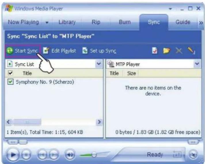 Windows Media Player Now Playing Library Rip Burn Sync Guide Sync "Sync List" to "MTP Player" Start Sync Edit Playlist Set up Sync Sync List Title Symphony No. 9 (Scherzo) 1 Item(s), Total Time: 1:15, 604 KB MTP Player Title Size There are no items on the device. 0 bytes / 1.83 GB (1.82 GB free spac…