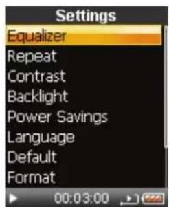Settings: Equalizer, Repeat, Contrast, Backlight, Power Savings, Language, Default, Format