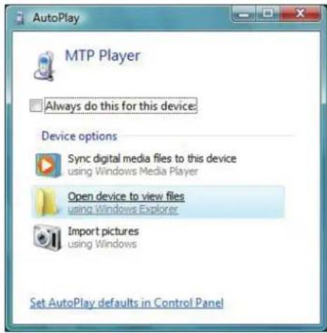 AutoPlay dialog box for 'MTP Player' with checkbox 'Always do this for this device:'. Options: 'Sync digital media files to this device using Windows Media Player', 'Open device to view files using Windows Explorer', 'Import pictures using Windows'. Link: 'Set AutoPlay defaults in Control Panel'.