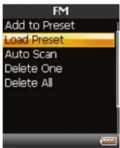 FM Add to Preset Load Preset Auto Scan Delete One Delete All
