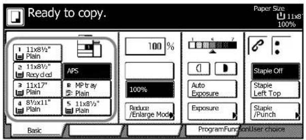 Ready to copy. 11x8½" Plain 2 11x8½" Recycled APS 3 11x17" MP tray Plain Plain 4 8½x11" 5 11x8½" Plain Plain 100% 100% Reduce /Enlarge Mod Basic ProgramFunction/User choice Paper Size 11x8" 100% Auto Exposure Exposure Staple Off Staple Left Top Staple /Punch