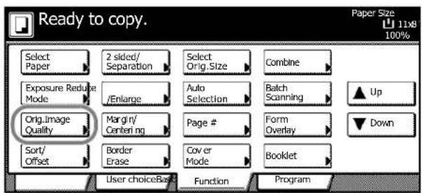 Ready to copy. Paper Size 11KB 100% Select Paper 2 sided/ Separation Select Orig.Size Combine Exposure Reduce Mode /Enlarge Auto Selection Batch Scanning Up Orig Image Quality Margin/ Centering Page # Form Overlay Sort/ Offset Border Erase Cover Mode Booklet Down User choiceBase Function Program