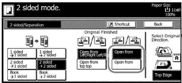 2 sided mode. 2 sided/Separation Original Finished 1 sided →1 sided 1 sided →2 sided 2 sided →1 sided 2 sided →2 sided Book →1 sided Book →2 sided Open from Left/Right Left/R Open from top top Open from Open from Select Original Direction. Top Edge Paper Size 1x83 100% Shortcut Back