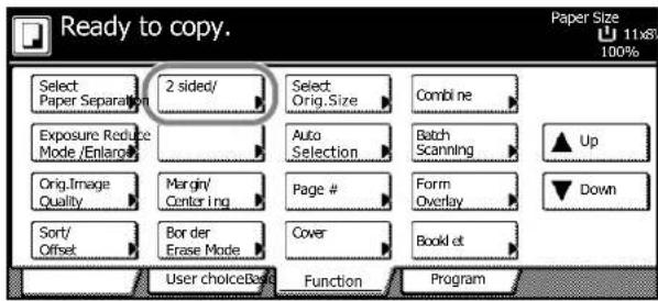 Ready to copy. Select Paper Separation 2 sided/ Select Orig.Size Combine Exposure Reduce Mode /Enaro Auto Selection Batch Scanning Up OriginImage Quality Margin/ Centering Page # Form Overlay Sort/ Offset Border Erase Mode Cover Booklet User choiceBase Function Program Paper Size 11x80 100%