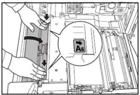 Technical diagram showing hands operating a mechanical device with a magnified inset highlighting component A6
