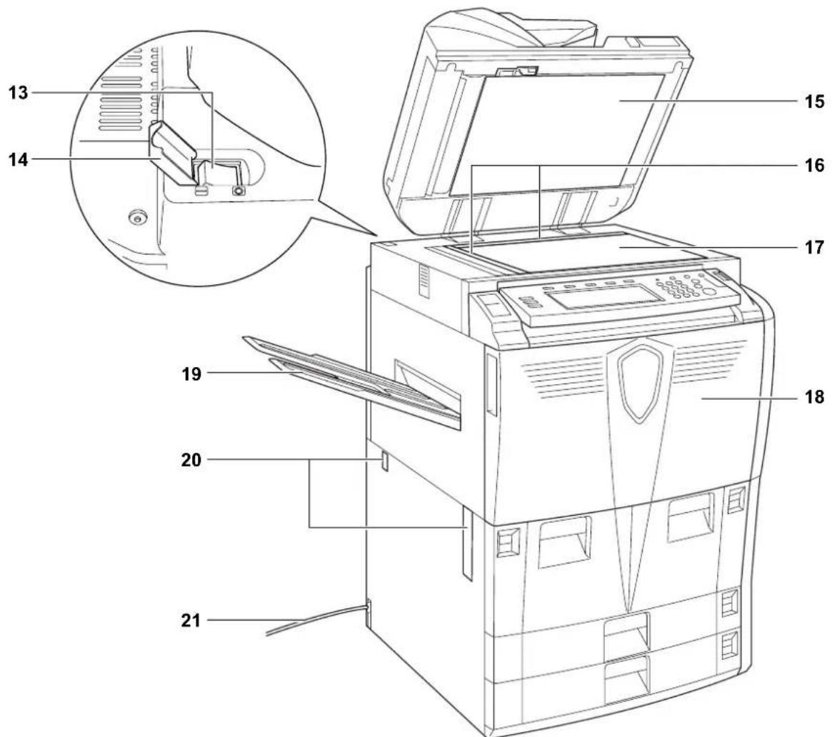 Technical diagram of a printer with numbered parts labeled for identification