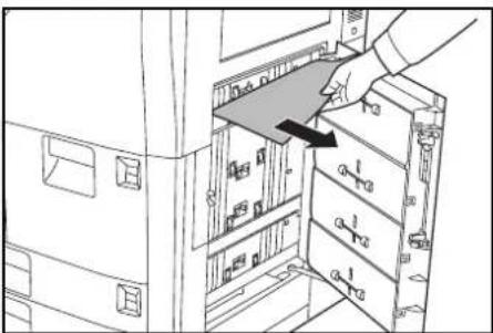 Diagram showing a hand inserting a device into a rack-mounted server cabinet with labeled ports and directional arrows