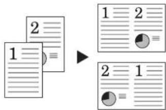 Diagram illustrating document processing steps with two document pages and pie charts, showing sequential division by arrow.