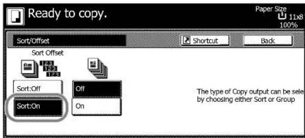Ready to copy. Sort/Offset Sort Offset 17.3 17.3 17.3 Sort:Off Off On Sort:On The type of Copy output can be sele by choosing either Sort or Group Paper Size U 11x8 100%