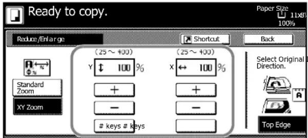Ready to copy. Reduce /Enlarge (25 ~ 400) Y ↑ 100 % (25 ~ 400) X ← 100 % + + - - keys # keys Back Select Original Direction. Top Edge Paper Size 11x87 100%