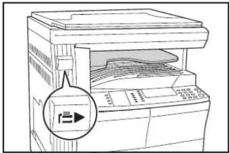 Diagram of an open printer with a magnified view highlighting the printer's internal structure and label.