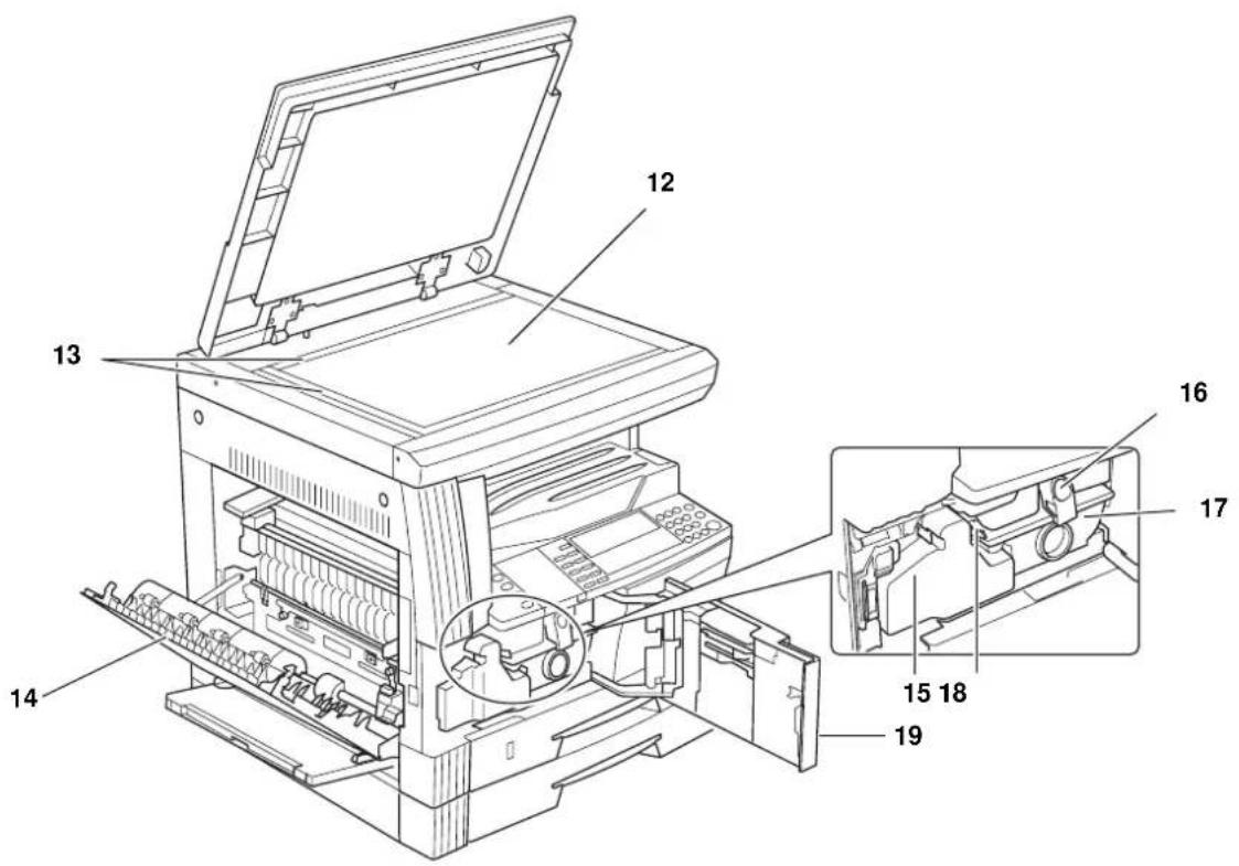 Technical diagram of a printer with numbered parts labeled 12 through 19, showing internal structure and assembly details.