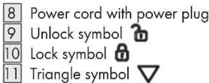 8 Power cord with power plug 9 Unlock symbol 10 Lock symbol 11 Triangle symbol