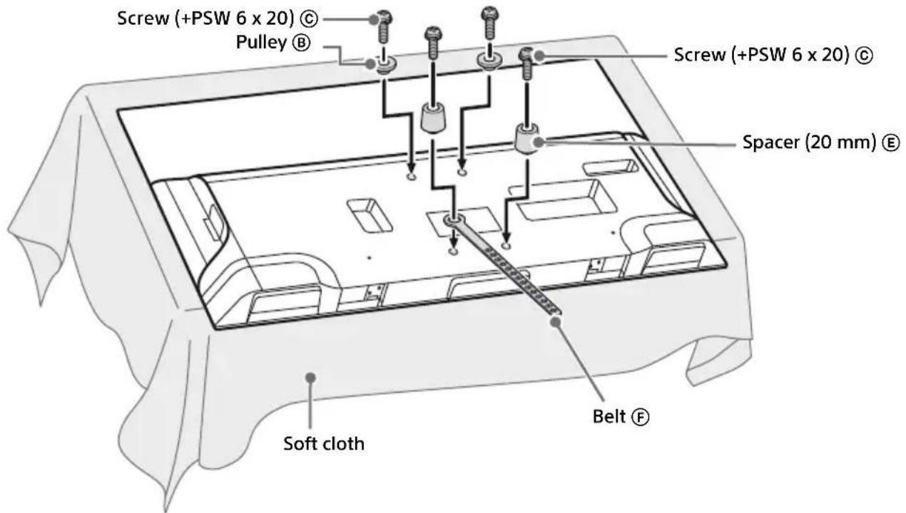 Screw (+PSW 6 x 20) ©, Pulley ®, Screw (+PSW 6 x 20) ©, Spacer (20 mm) ®, Soft cloth, Belt ®.