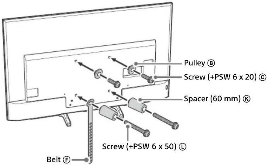 Pulley ®, Screw (+PSW 6 x 20) ©, Spacer (60 mm) ®, Screw (+PSW 6 x 50) ™, Belt ®.