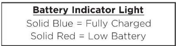 Battery Indicator Light Solid Blue = Fully Charged Solid Red = Low Battery