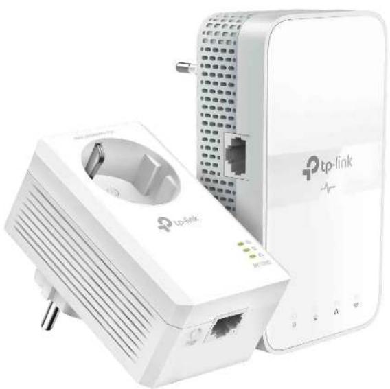 Périphérique réseau TP-link blanc avec prise d'alimentation et port Ethernet, aucun texte ou symbole visible sur les composants principaux