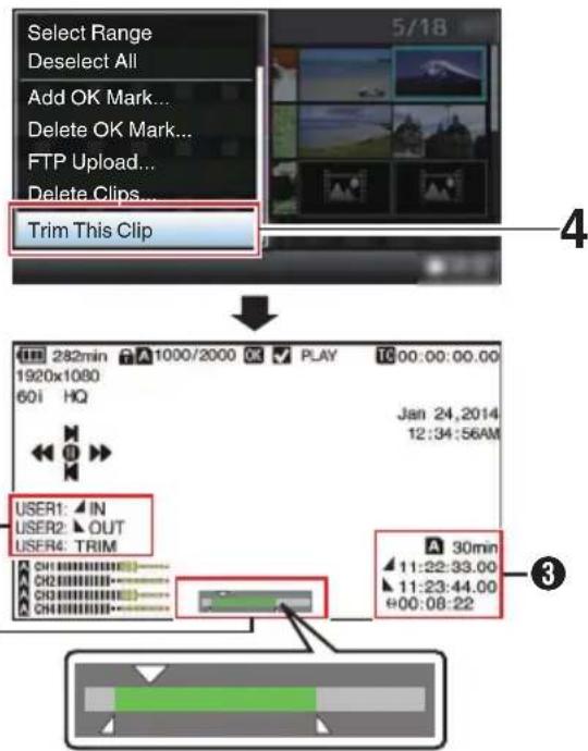 Select Range, Deselect All, Add OK Mark..., Delete OK Mark..., FTP Upload..., Delete Clips..., Trim This Clip, 5/18, 4, 282min 1000/2000 OK PLAY 10:00:00.00, 1920x1080, 60i HQ, Jan 24, 2014, 12:34:56AM, USER1: IN, USER2: OUT, USER4: TRIM, A 30min, 11:22:33.00, 11:23:44.00, +00:08:22, ③