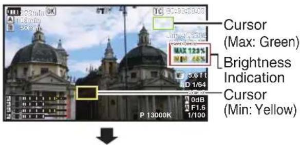 123min OK 16min 50min TC 10:00:00:00 Max 123% MP 48% 5.6 ft D 1/64 0dB F1.6 1/100 P 13000K Cursor (Max: Green) Brightness Indication Cursor (Min: Yellow)