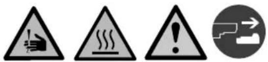 Four warning signs: a hand holding a cigarette, a steam rising, an exclamation mark, and a right-pointing arrow symbol.