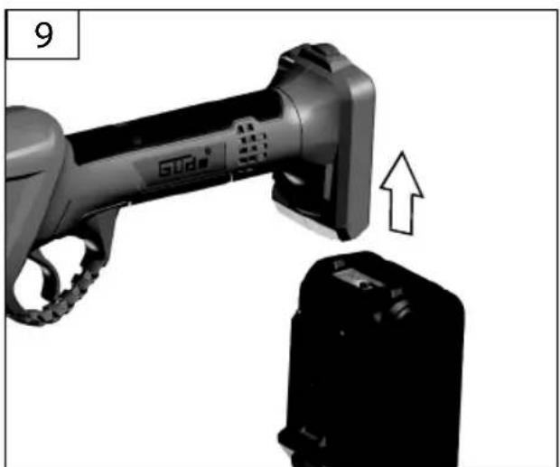Close-up of a handheld electric vehicle charging plug with an attached battery, showing no text or symbols