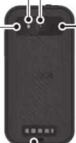 Black smartphone with attached earphones and a small display screen (no visible text or symbols)