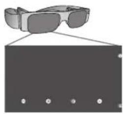 Illustration of a pair of smart glasses above a rectangular display panel with six dots (no text or symbols)