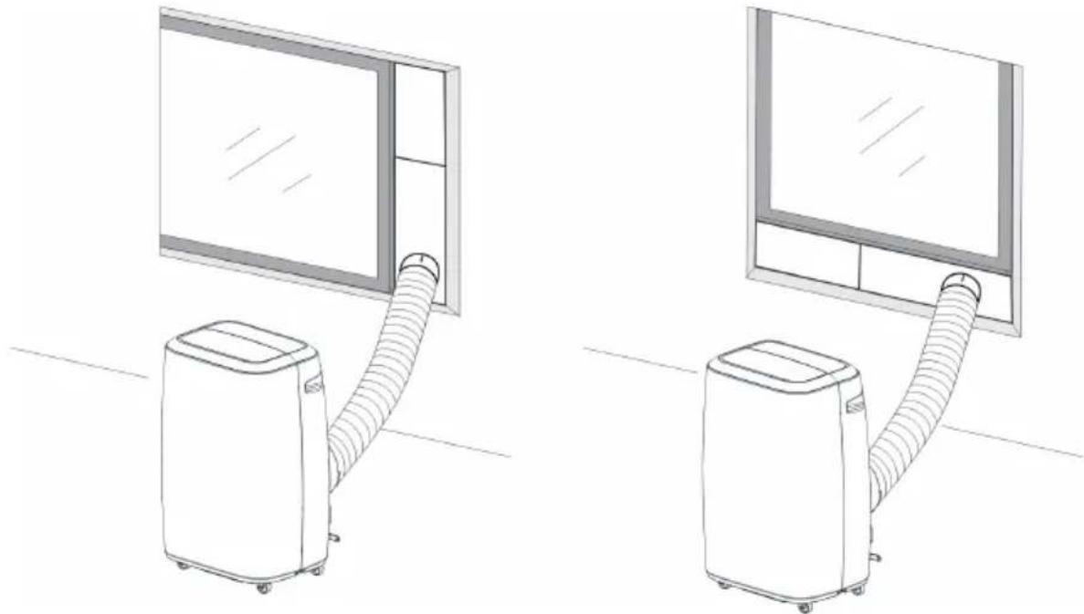 Line drawings of two household air conditioners with coiled tubing, placed on a floor next to a large window (no text or symbols)