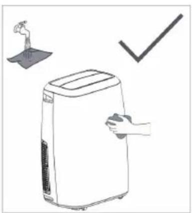Illustration of a portable air purifier with hand cleaning and a checkmark (no text or symbols)