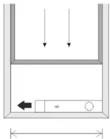 Diagram of a U-shaped container with arrows indicating downward flow and a left-pointing arrow inside, no text or symbols present.