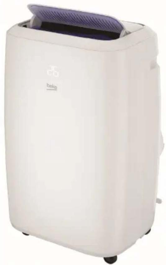 White portable air purifier with purple filter cover and 'beekip' logo on front (no text or symbols on device body)