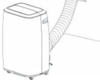 Line drawing of a portable air conditioner unit with coiled tubing (no text or symbols)
