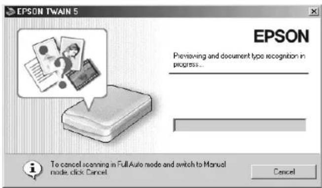 EPSON TWAIN 5. Previewing and document type recognition in progress... To cancel scanning in Full Auto mode and switch to Manual mode, click Cancel. Cancel